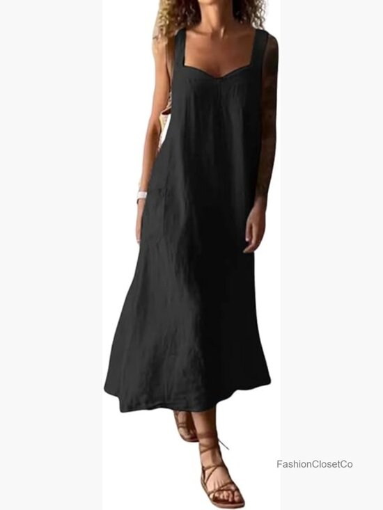 Dresses & Skirts - Linen Spaghetti Strap Overall Dress Midi A-Line Beach Dress with Pockets